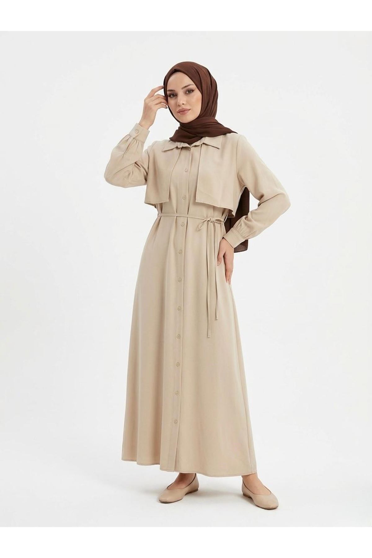 ELB04130-TAŞ Aller Detay Patlı Elbise-Taş