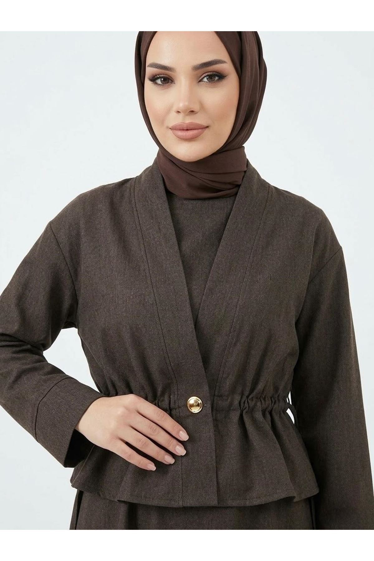 ELB04131-KHV Ceket Detay İkili Elbise-Kahve