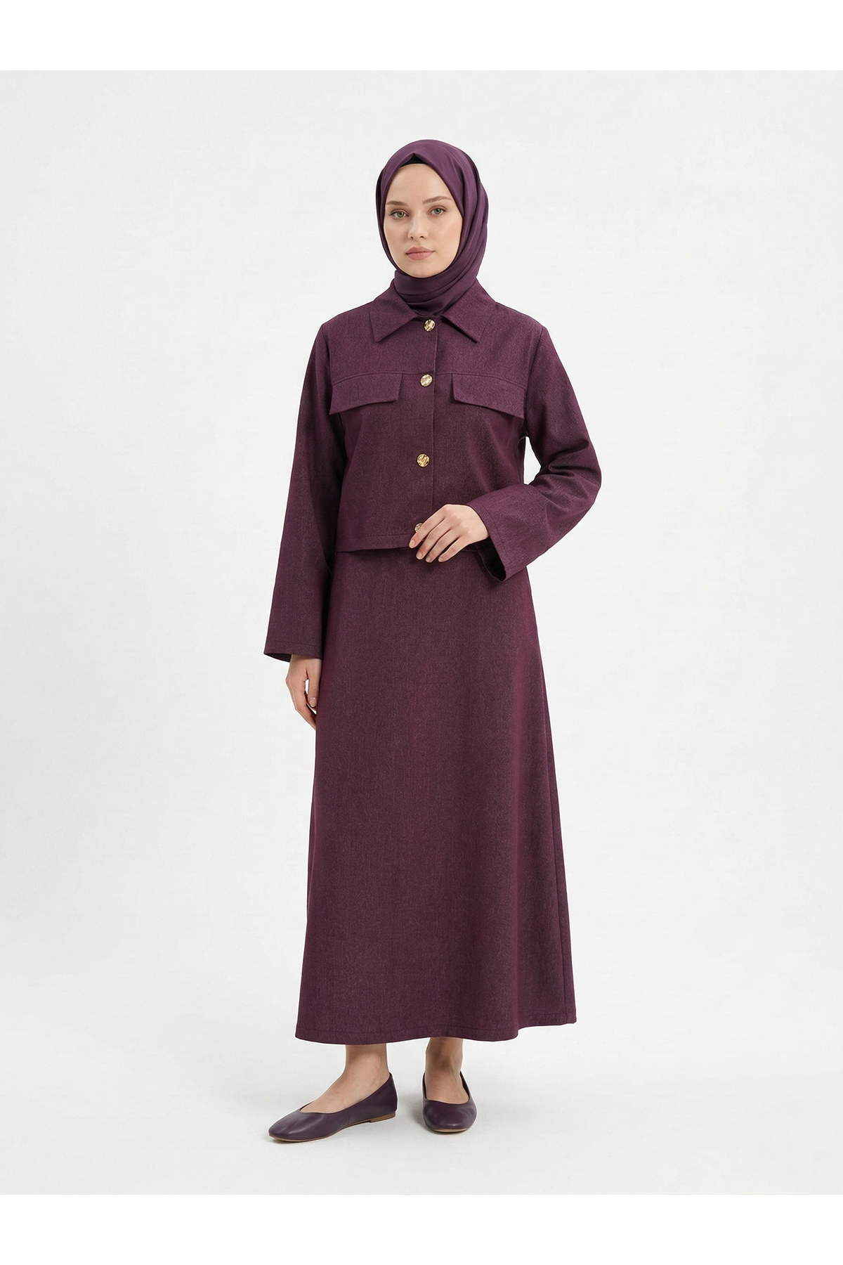 ELB04132-BRD Ceket Düğme Detay İkili Elbise-Bordo