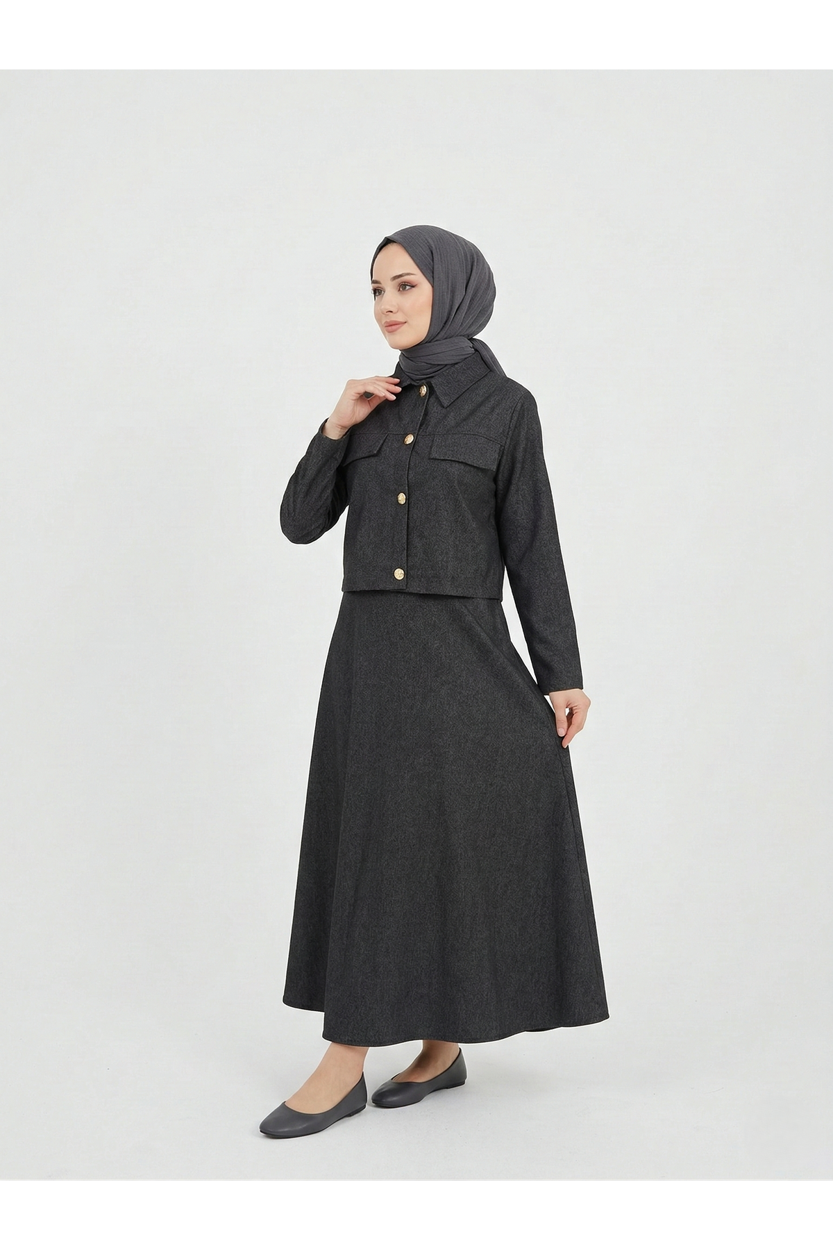 ELB04132-SYH Ceket Düğme Detay İkili Elbise-Siyah