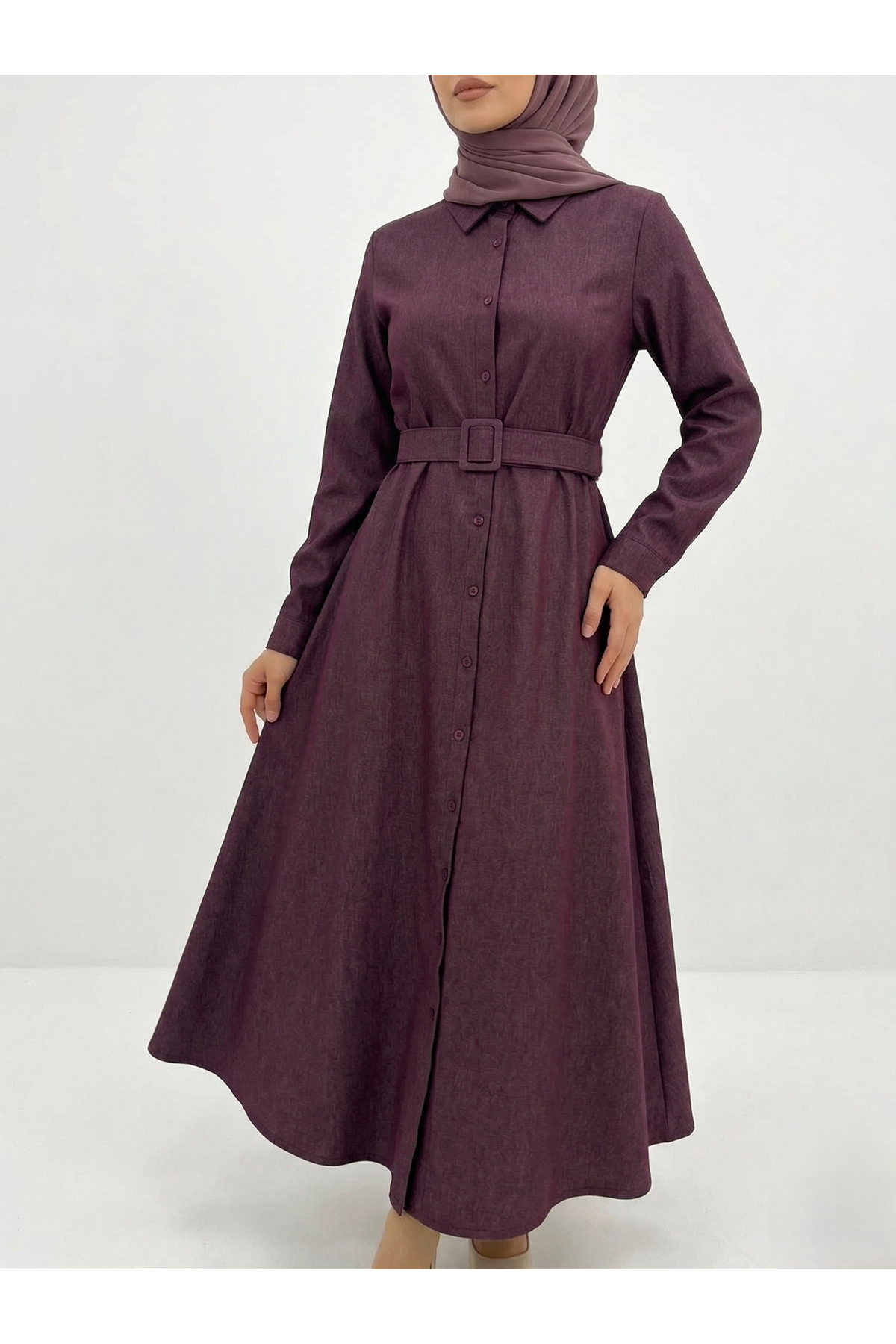 ELB04133-BRD Kaplama Kemer Detay Patlı Elbise-Bordo