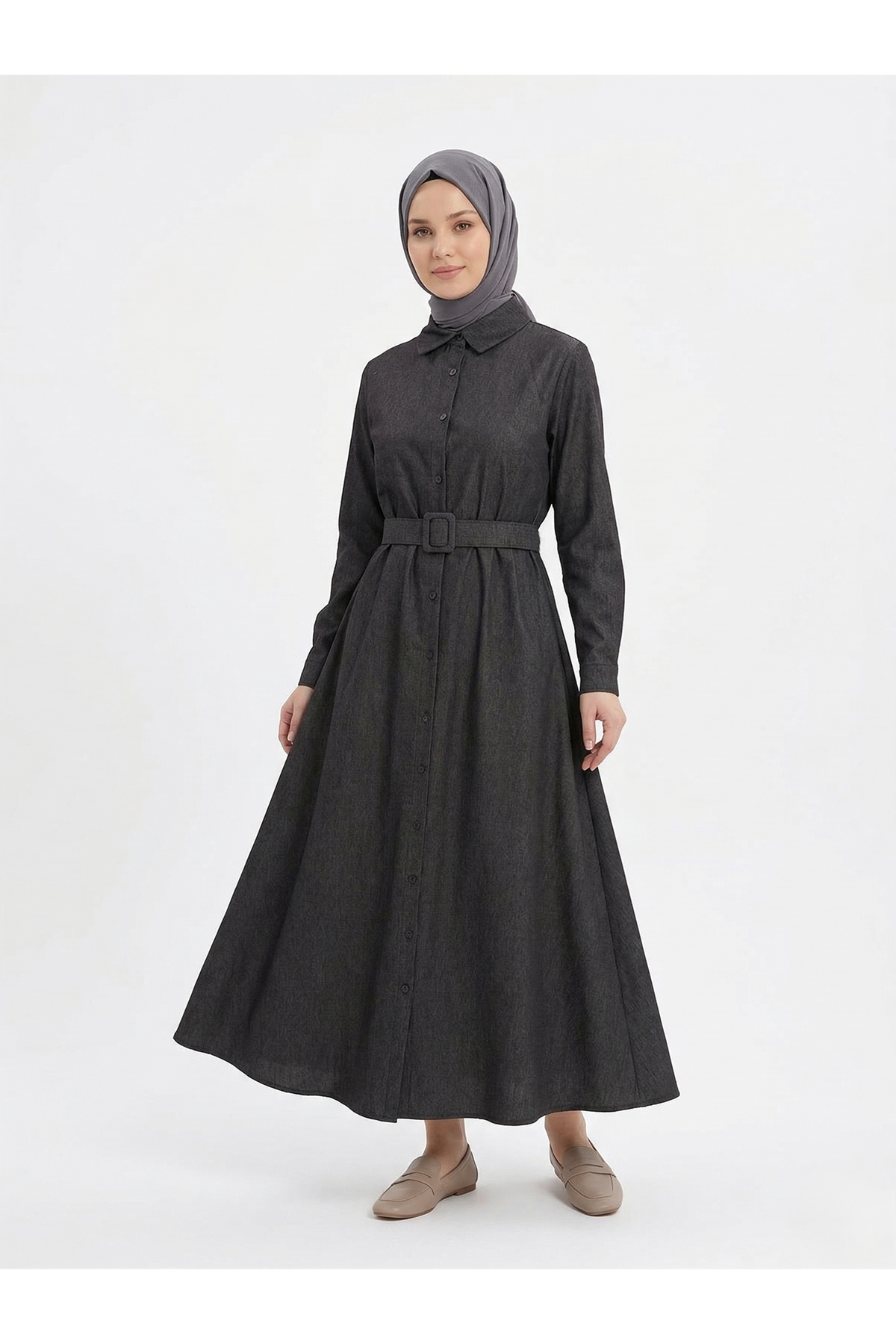 ELB04133-SYH Kaplama Kemer Detay Patlı Elbise-Siyah