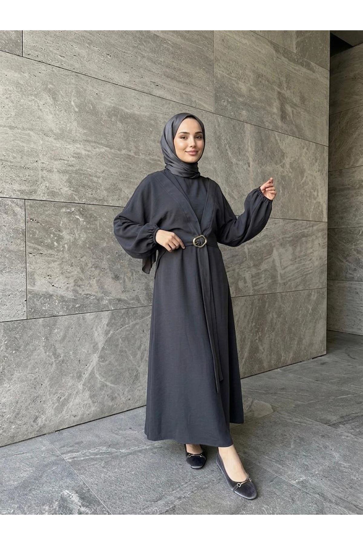 ELB04135-ANT Önden Bağlamalı Aksesuar Detay İkili Elbise-Antrasit