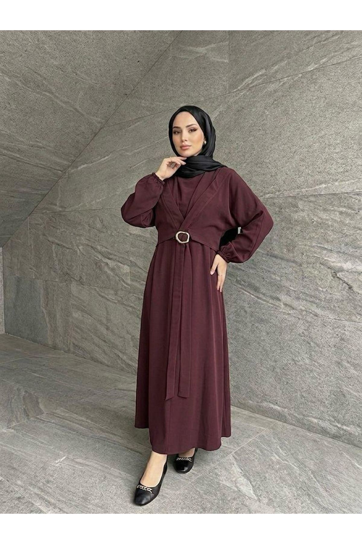 ELB04135-BRD Önden Bağlamalı Aksesuar Detay İkili Elbise-Bordo