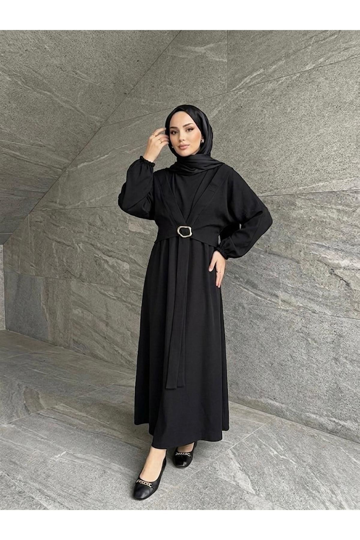 ELB04135-SYH Önden Bağlamalı Aksesuar Detay İkili Elbise-Siyah