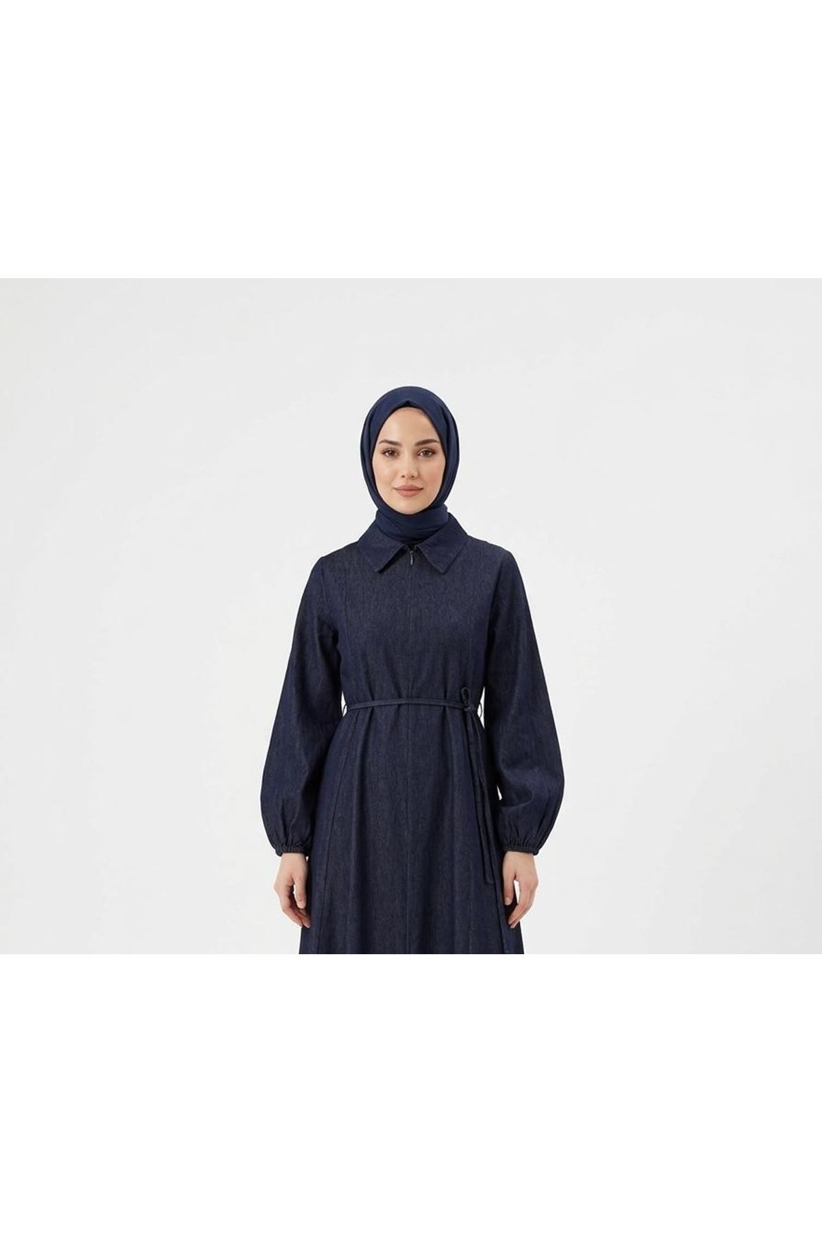 ELB04136-LCV Yakalı Fermuar Detay Elbise-Lacivert