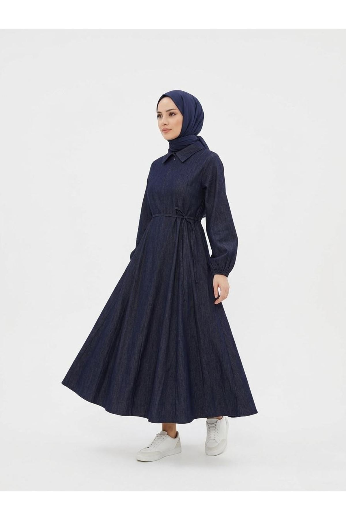 ELB04136-LCV Yakalı Fermuar Detay Elbise-Lacivert