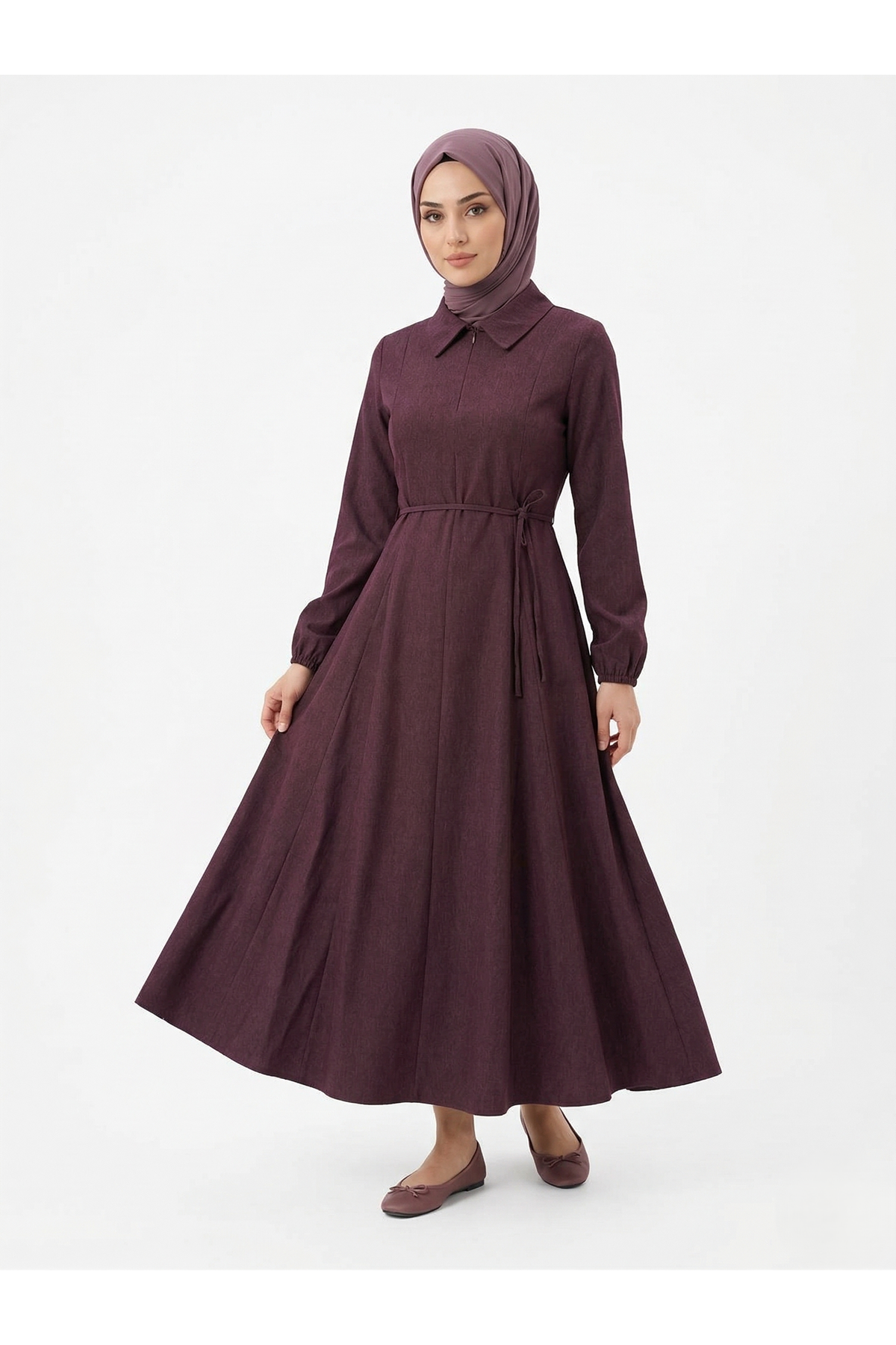 ELB04136-BRD Yakalı Fermuar Detay Elbise-Bordo