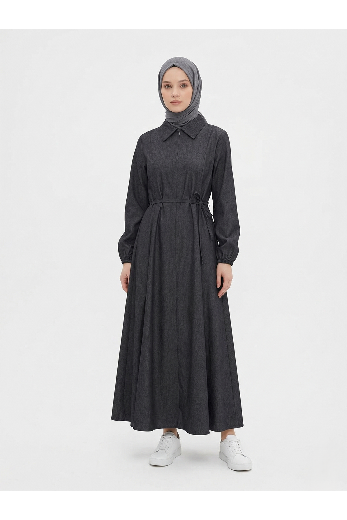 ELB04136-SYH Yakalı Fermuar Detay Elbise-Siyah