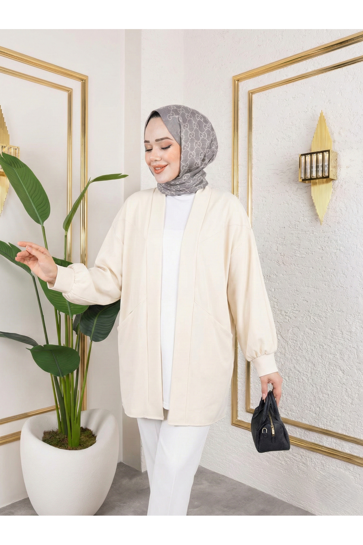 HIR02423-KRM Cep Detay Atlas Hırka-Krem