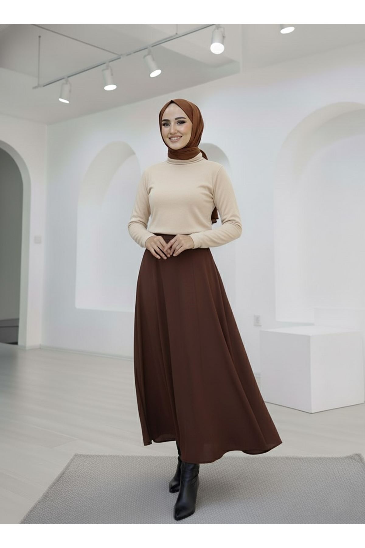 MOE03043-KHV Çıma Detaylı Parçalı Etek-Kahve