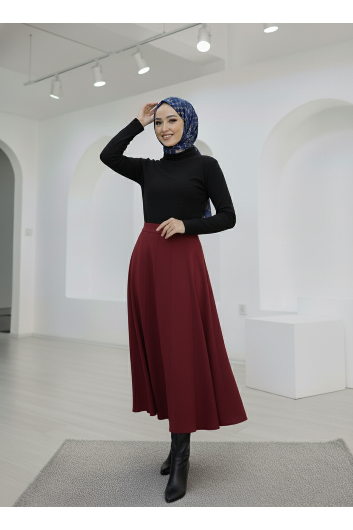 MOE03043-BRD Çıma Detaylı Parçalı Etek-Bordo