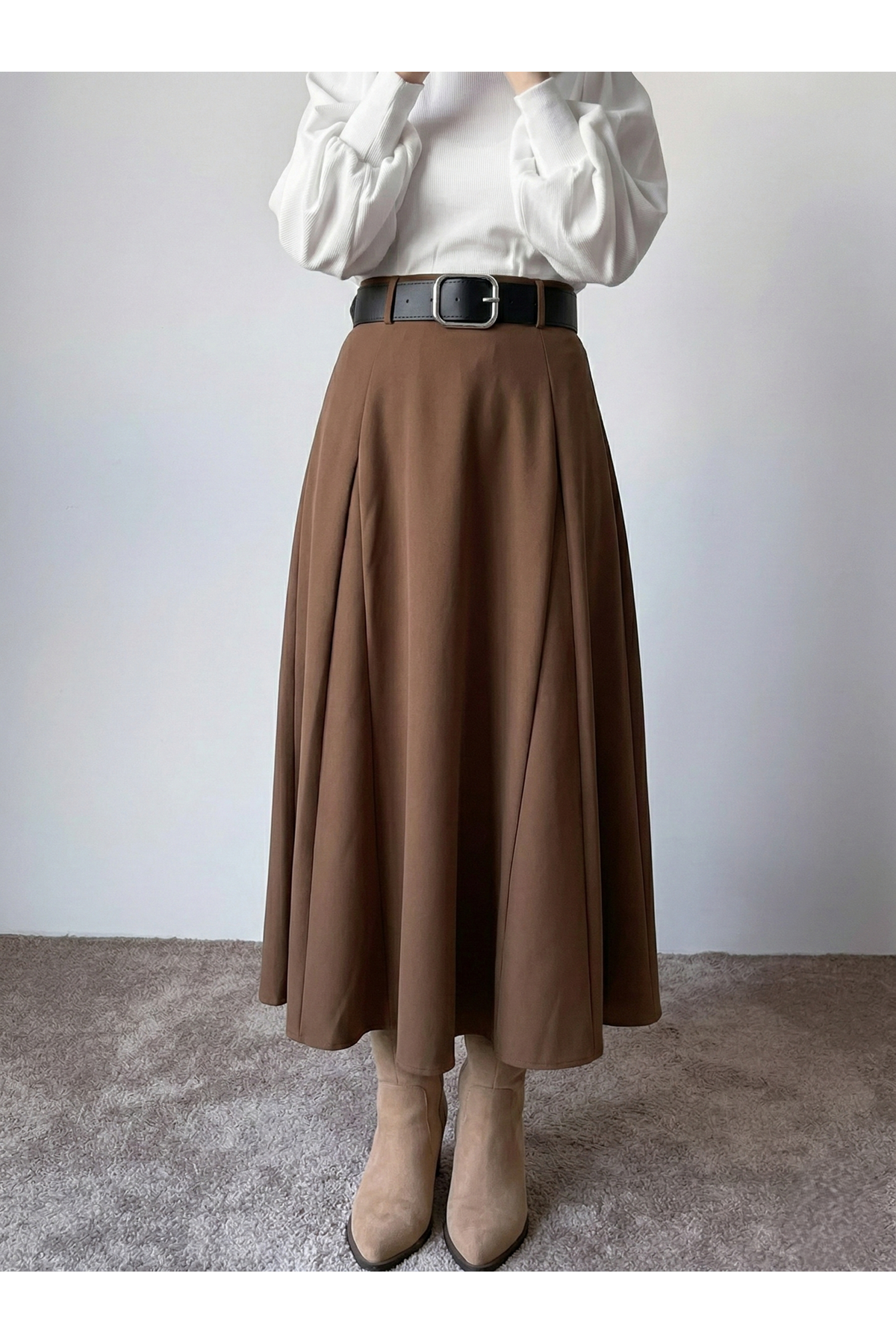 MOE03049-P102 Kelebek Detaylı Dabıl Etek-Açık Kahve