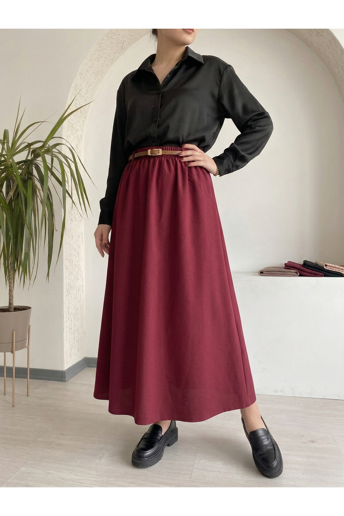 MOE03057-BRD Kemer Detay Terikoton Etek-Bordo
