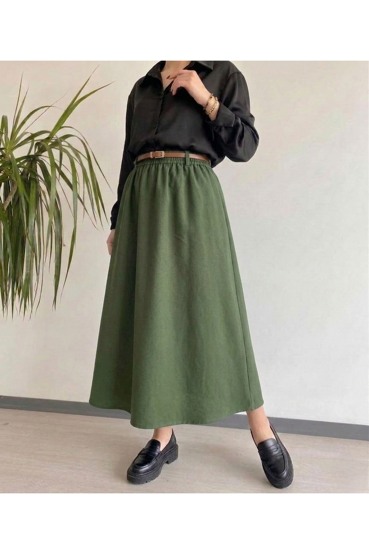 MOE03057-HKİ Kemer Detay Terikoton Etek-Haki