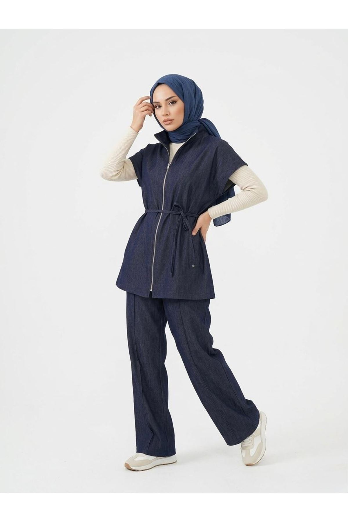 PİT00505-LCV Yelek Fermuar Detay Pantolon Çımalı Takım-Lacivert