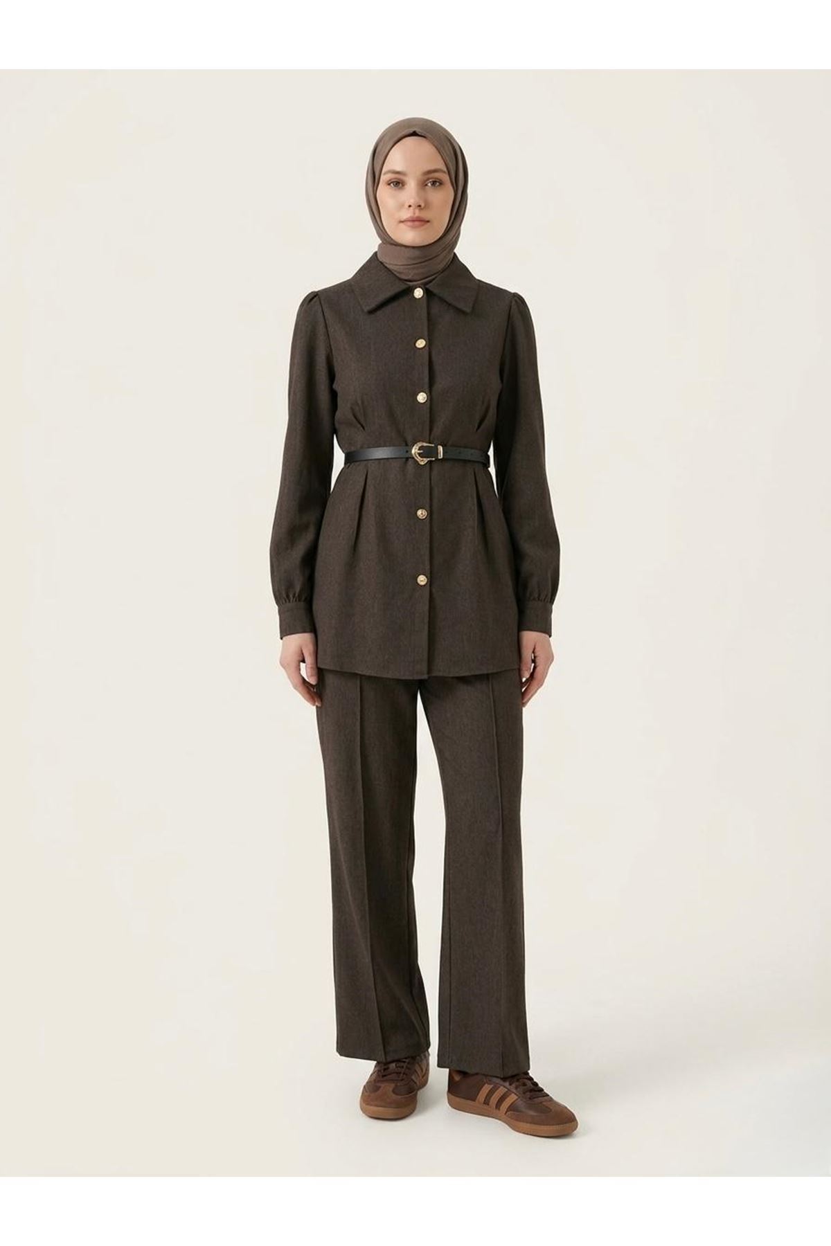 PİT00506-KHV Ön Arka Pensli Pantolonlu Takım-Kahve