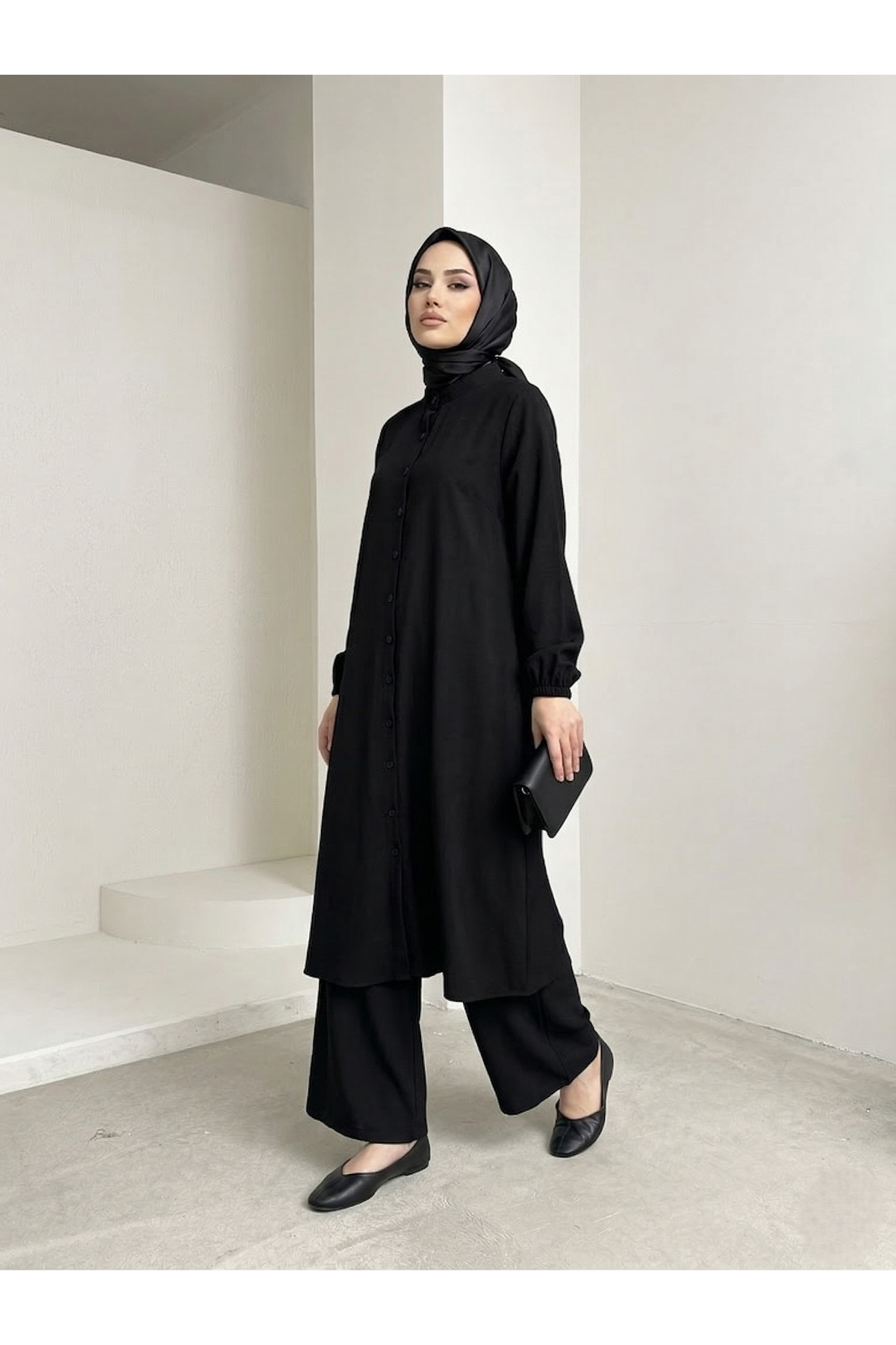 PİT00504-SYH Hakim Yaka Uzun Pantolonlu Takım-Siyah