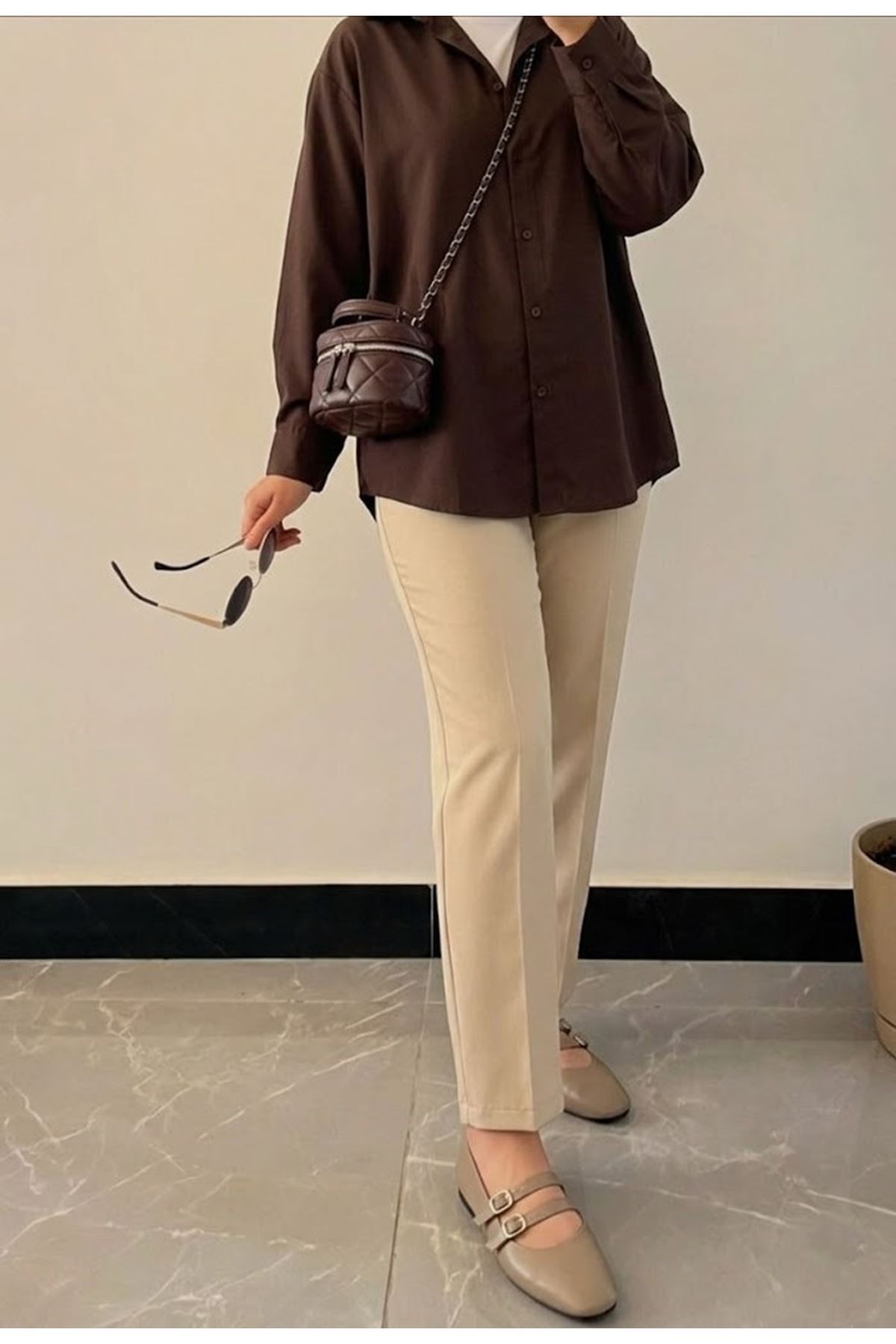 PNT01535-TAŞ Bel Lastik Düz Paça Pantolon-Taş