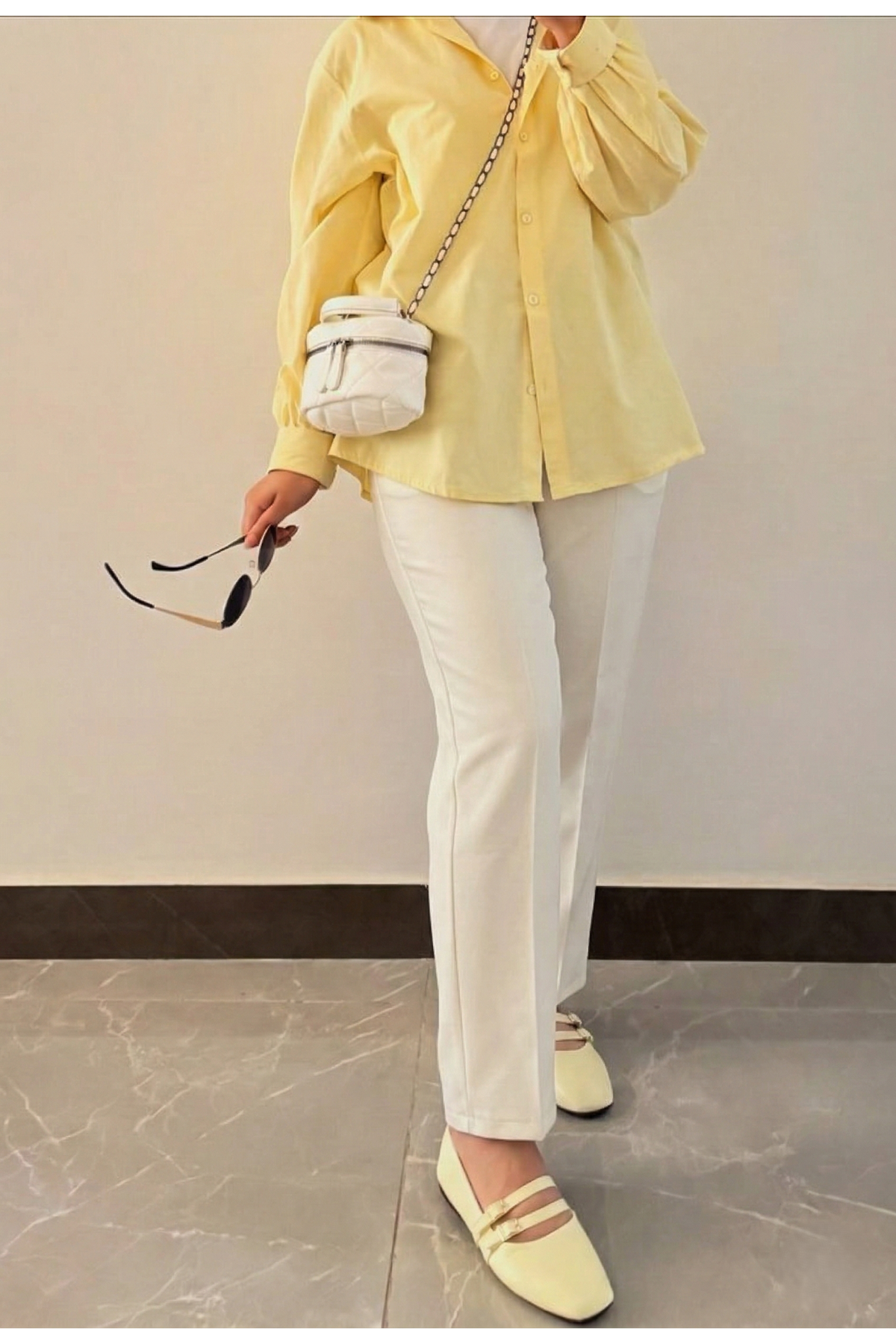 PNT01535-EKR Bel Lastik Düz Paça Pantolon-Ekru