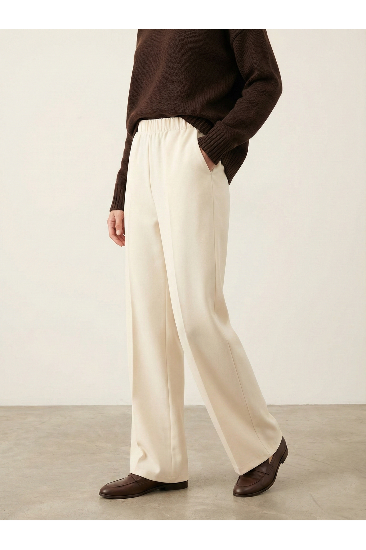 PNT01550-KRM Düz Paça Atlas Pantolon-Krem