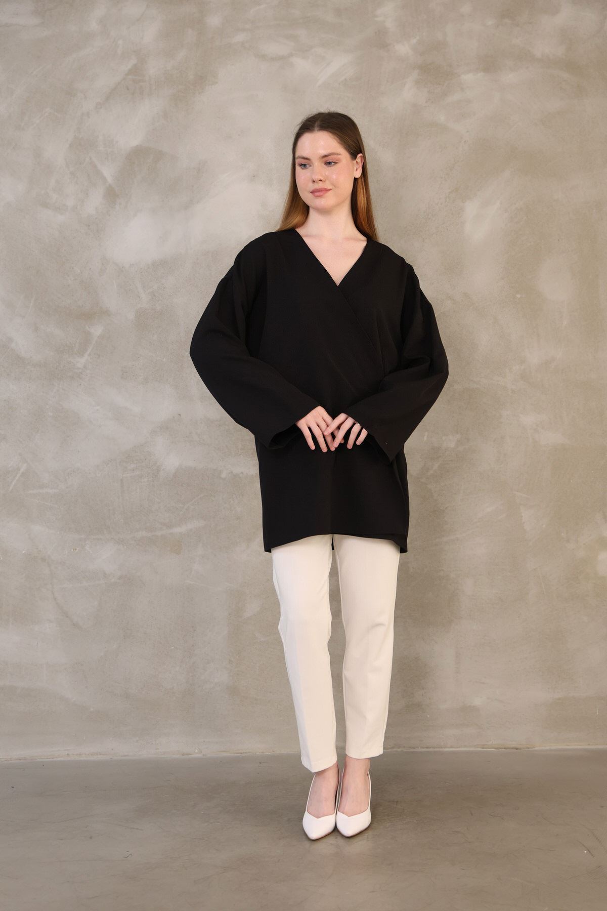 TUN05814-SYH Yan Bağlamalı Atlas Tunik-Siyah