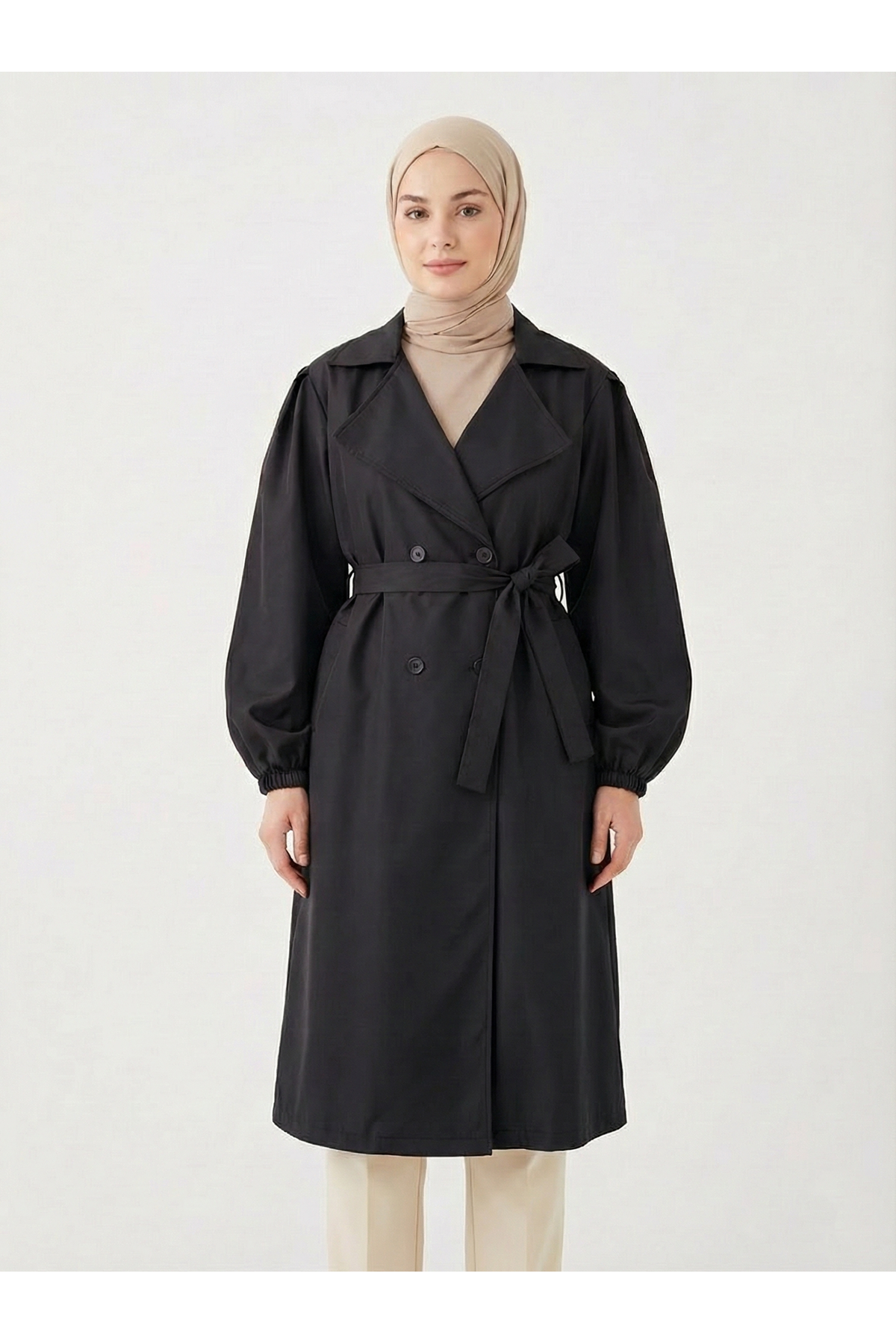 TRÇ00145-SYH Düğmeli Kruveze Uzun Trenç-Siyah