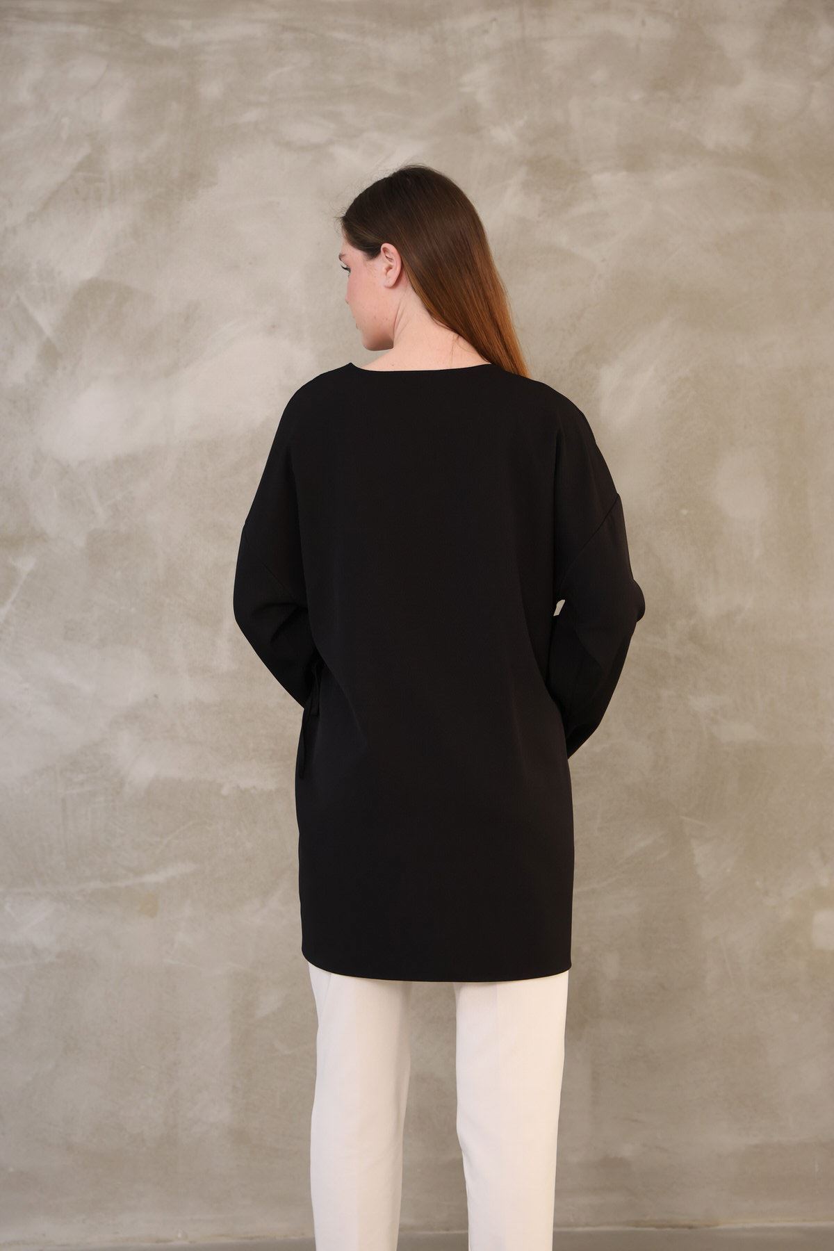 TUN05814-SYH Yan Bağlamalı Atlas Tunik-Siyah