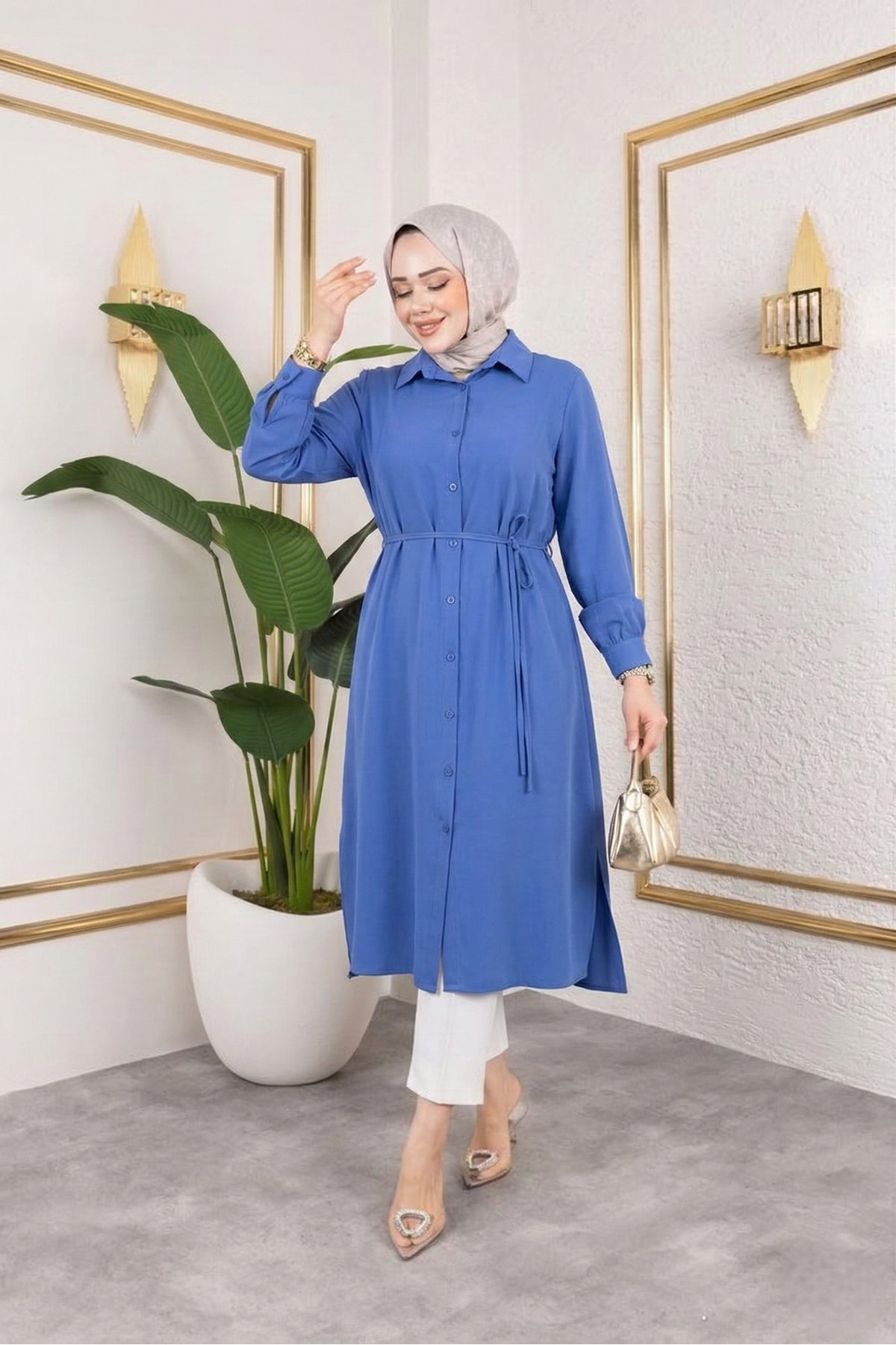 TUN05867-İND Kadın Yırtmaç Detaylı Kuşaklı Gömlek Yaka Boydan Düğmeli Uzıun Tesettür Tunik-İndigo