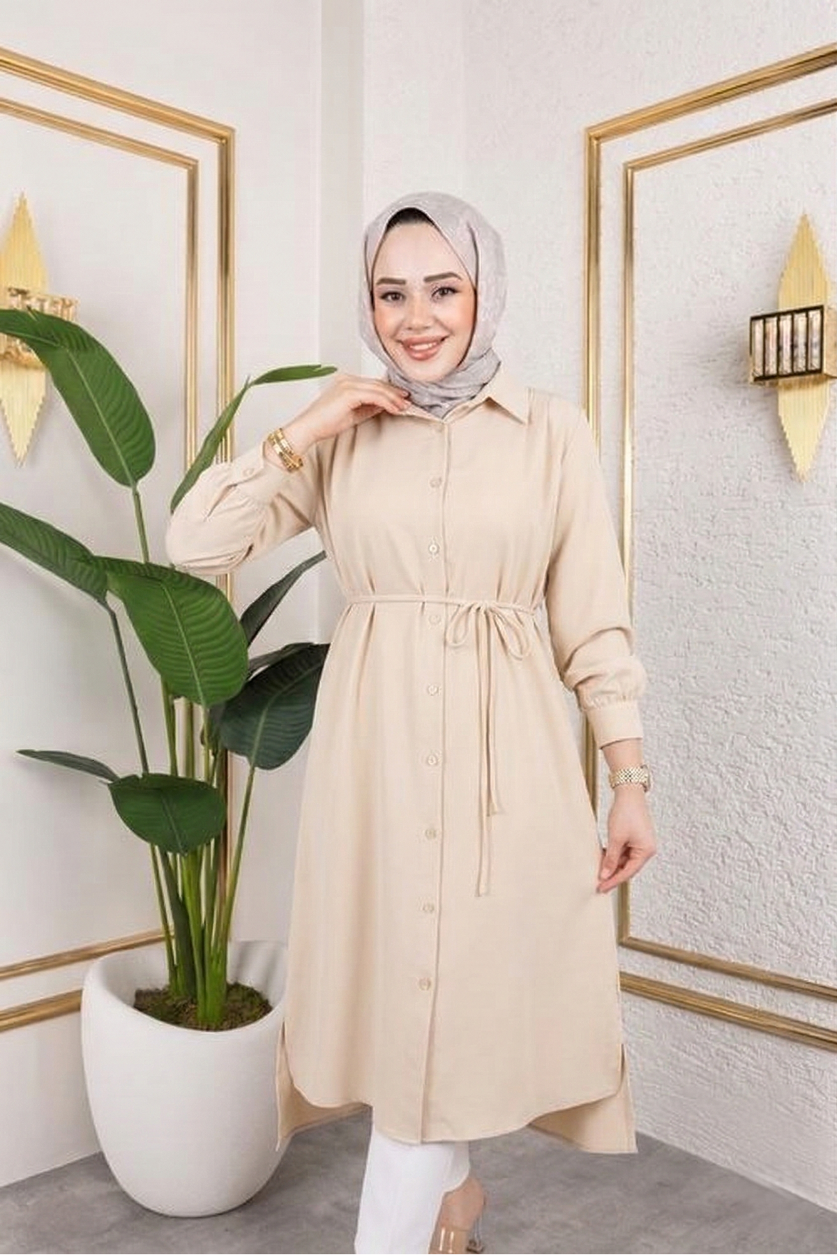 TUN05867-TAŞ Kadın Yırtmaç Detaylı Kuşaklı Gömlek Yaka Boydan Düğmeli Uzıun Tesettür Tunik-Taş