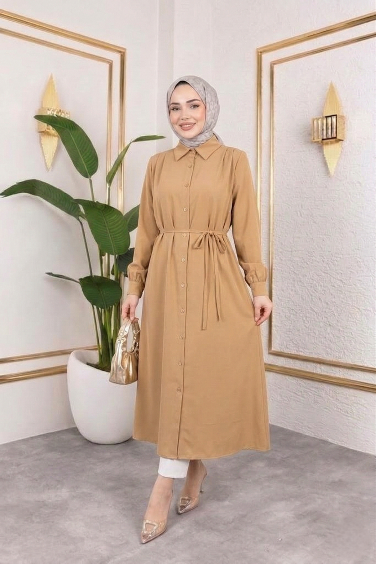 TUN05879-CRM Arka Roba Omuz Pile Uzun Tunik-Karamel