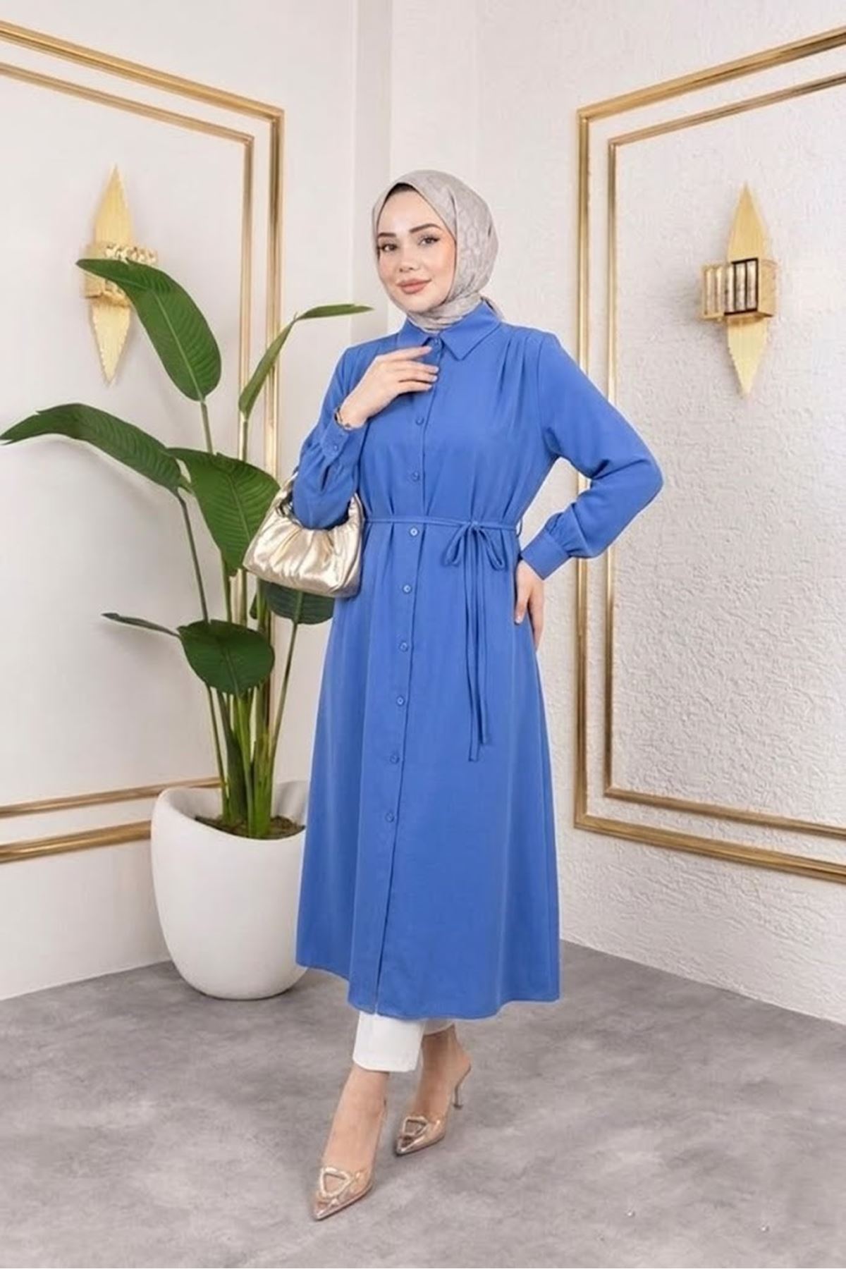 TUN05879-İND Arka Roba Omuz Pile Uzun Tunik-İndigo