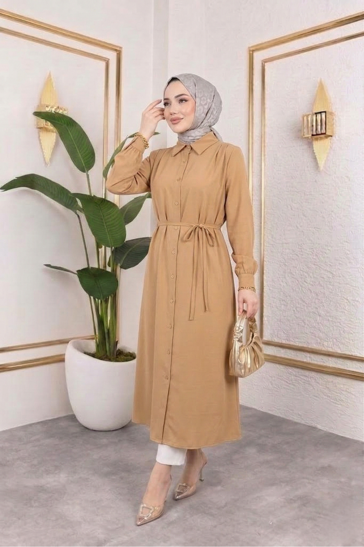 TUN05879-CRM Arka Roba Omuz Pile Uzun Tunik-Karamel