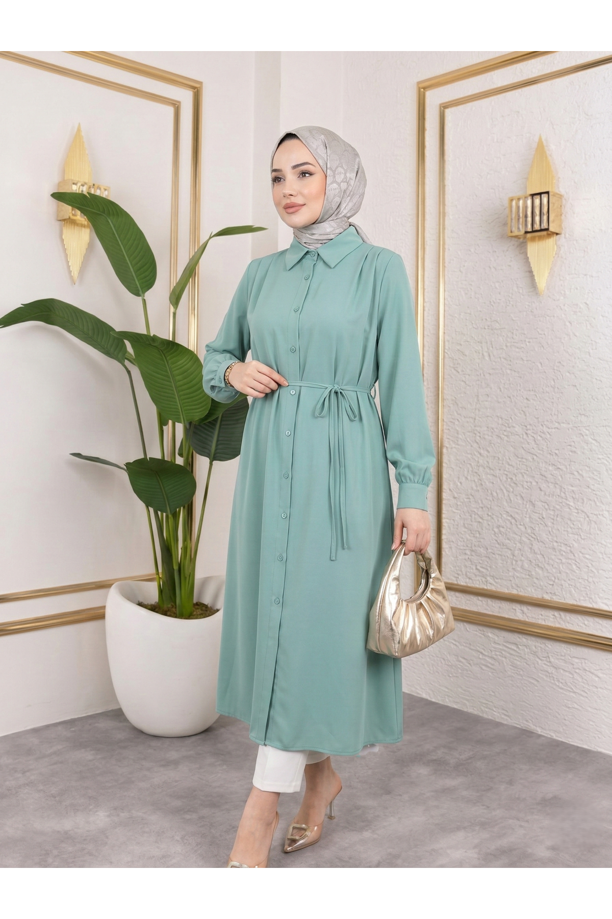 TUN05879-MNT Arka Roba Omuz Pile Uzun Tunik-Mint