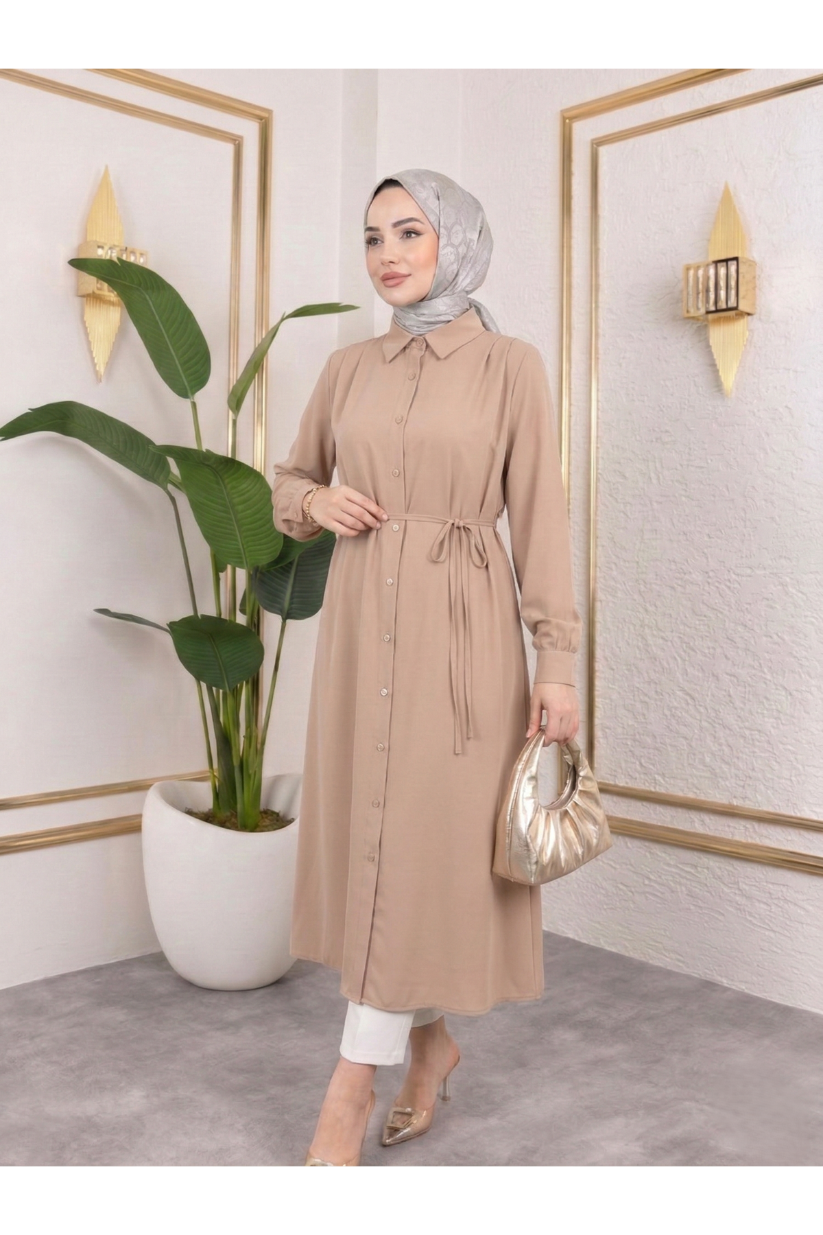 TUN05879-PDR Arka Roba Omuz Pile Uzun Tunik-Pudra