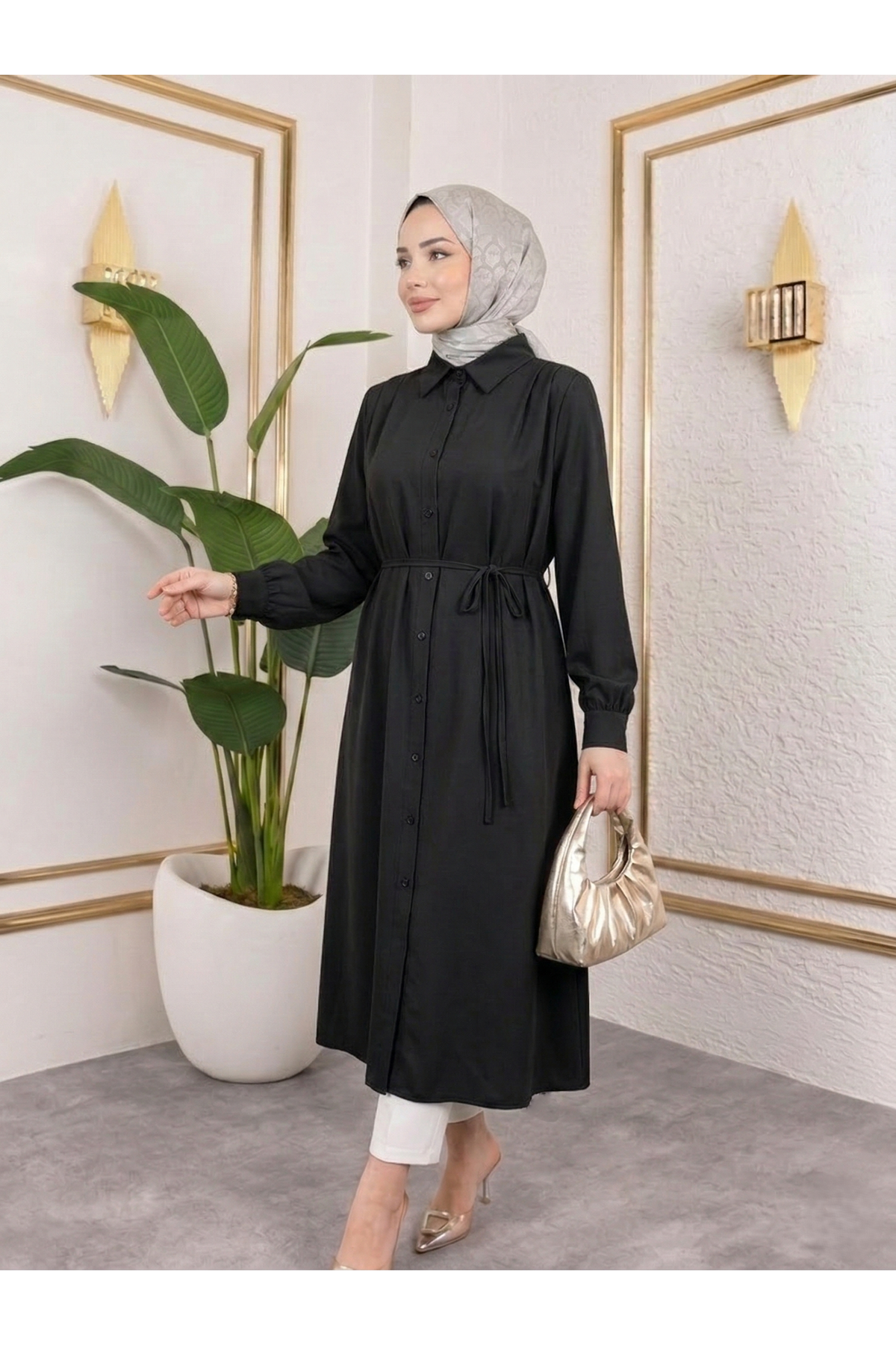 TUN05879-SYH Arka Roba Omuz Pile Uzun Tunik-Siyah