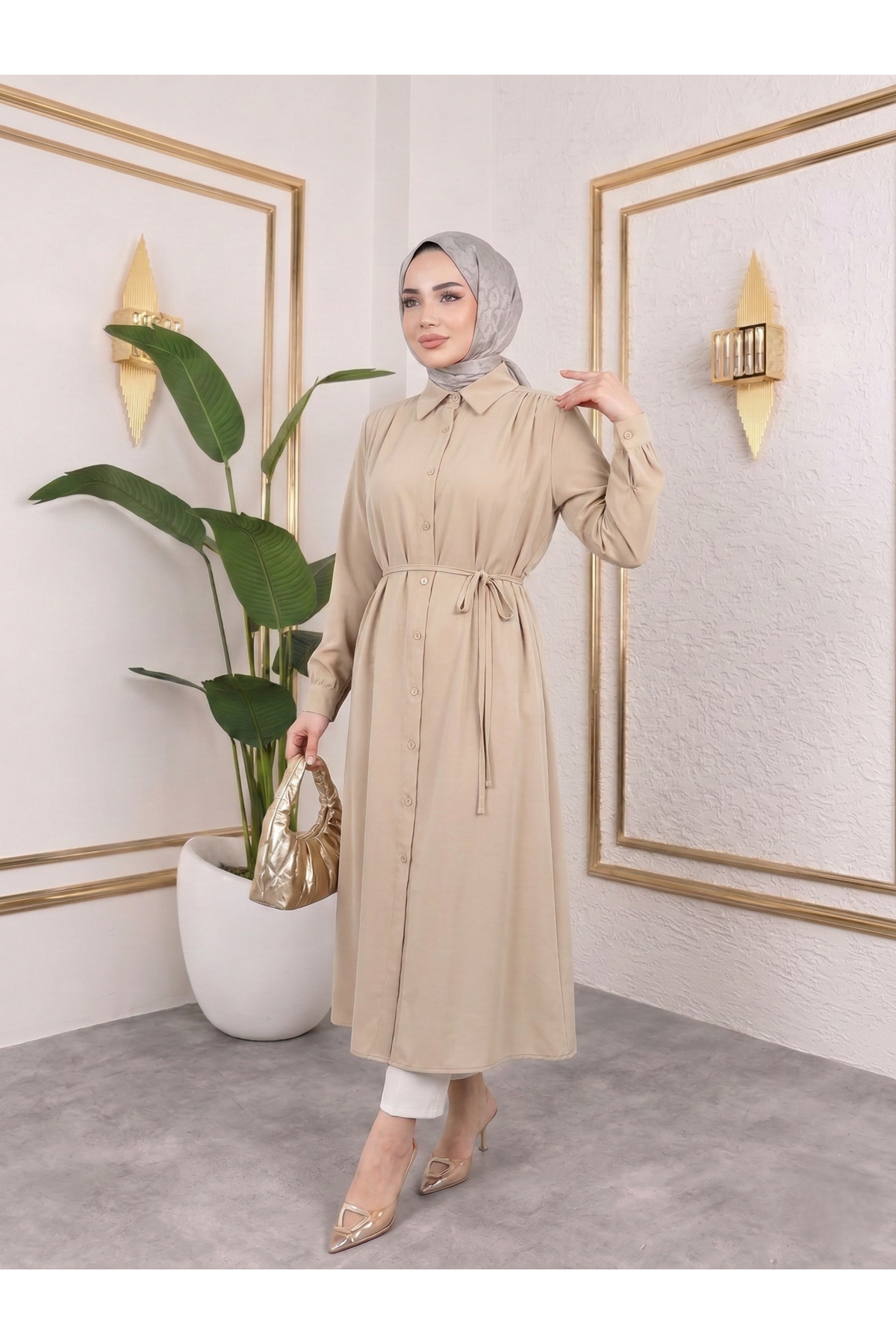 TUN05879-TAŞ Arka Roba Omuz Pile Uzun Tunik-Taş