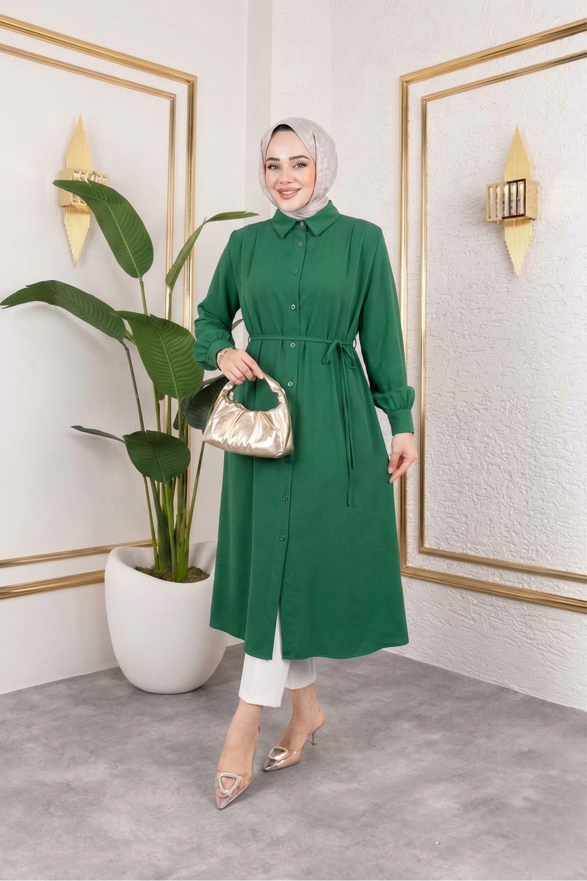 TUN05879-ZMR Arka Roba Omuz Pile Uzun Tunik-Zümrüt Yeşili