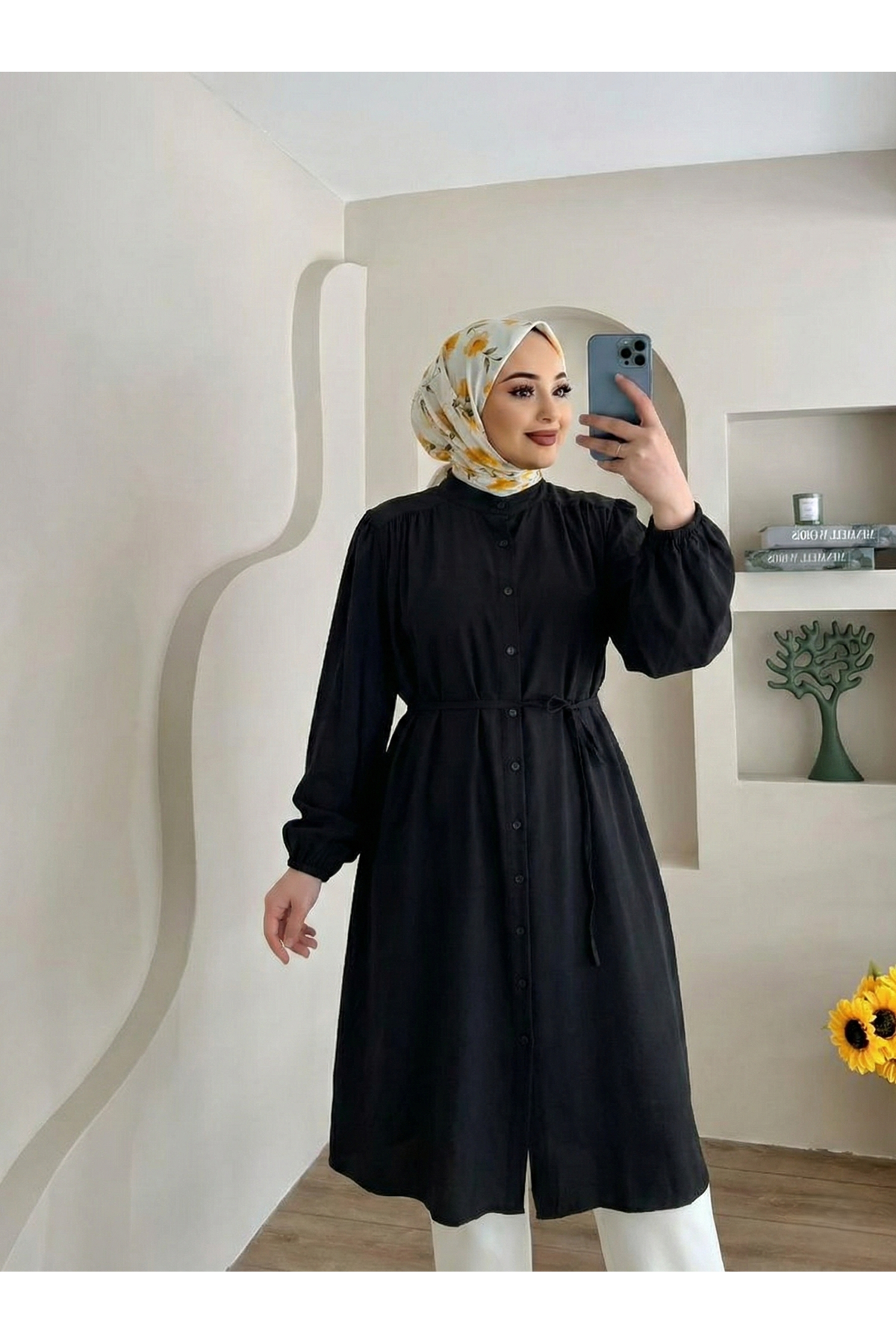 TUN05884-SYH Hakim Yaka Omuz Büzgü Uzun Tunik-Siyah