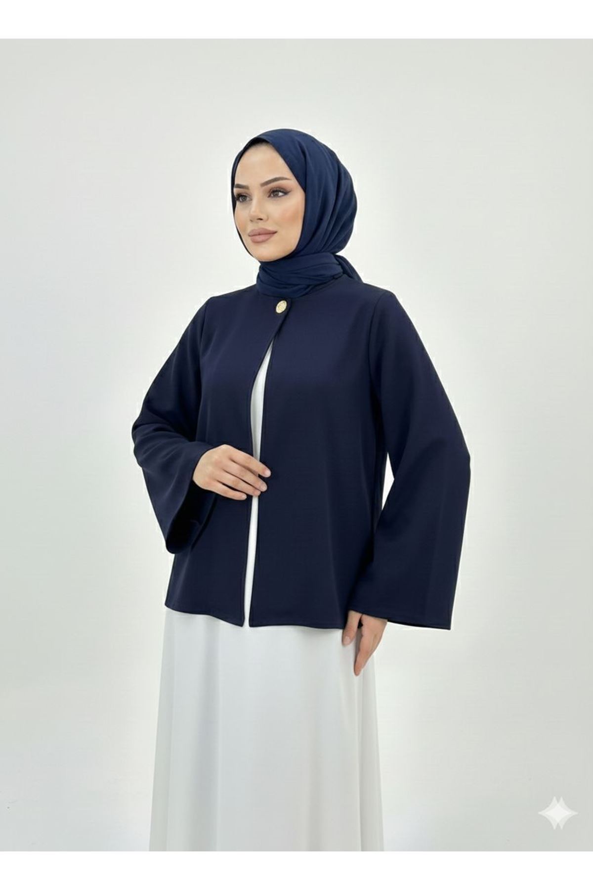TUN05939-LCV Tek Düğme Kimono Tunik-Lacivert