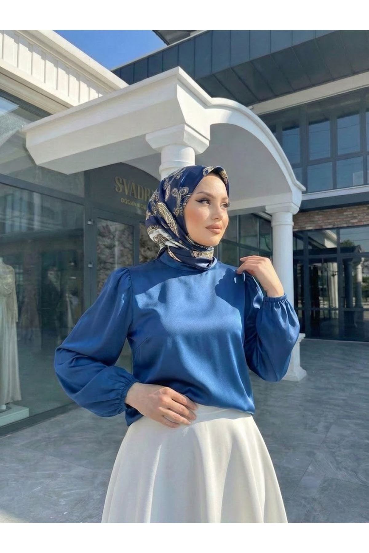 TUN05944-PMV Arka Fermuar Detay Saten Tunik-Petrol Mavisi