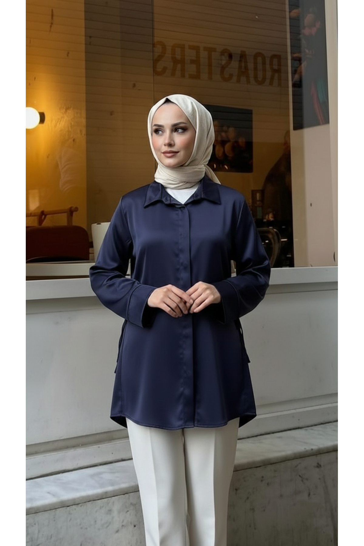 TUN05946-LCV Yan Bağlamalı Saten Tunik-Lacivert