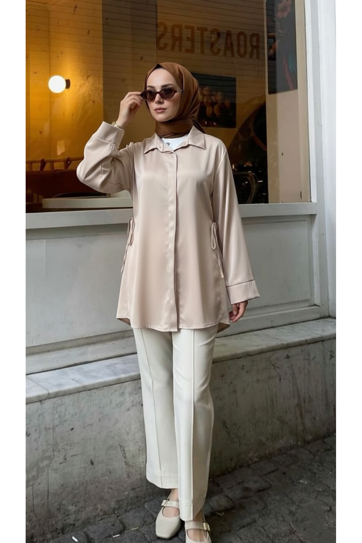 TUN05946-TAŞ Yan Bağlamalı Saten Tunik-Taş