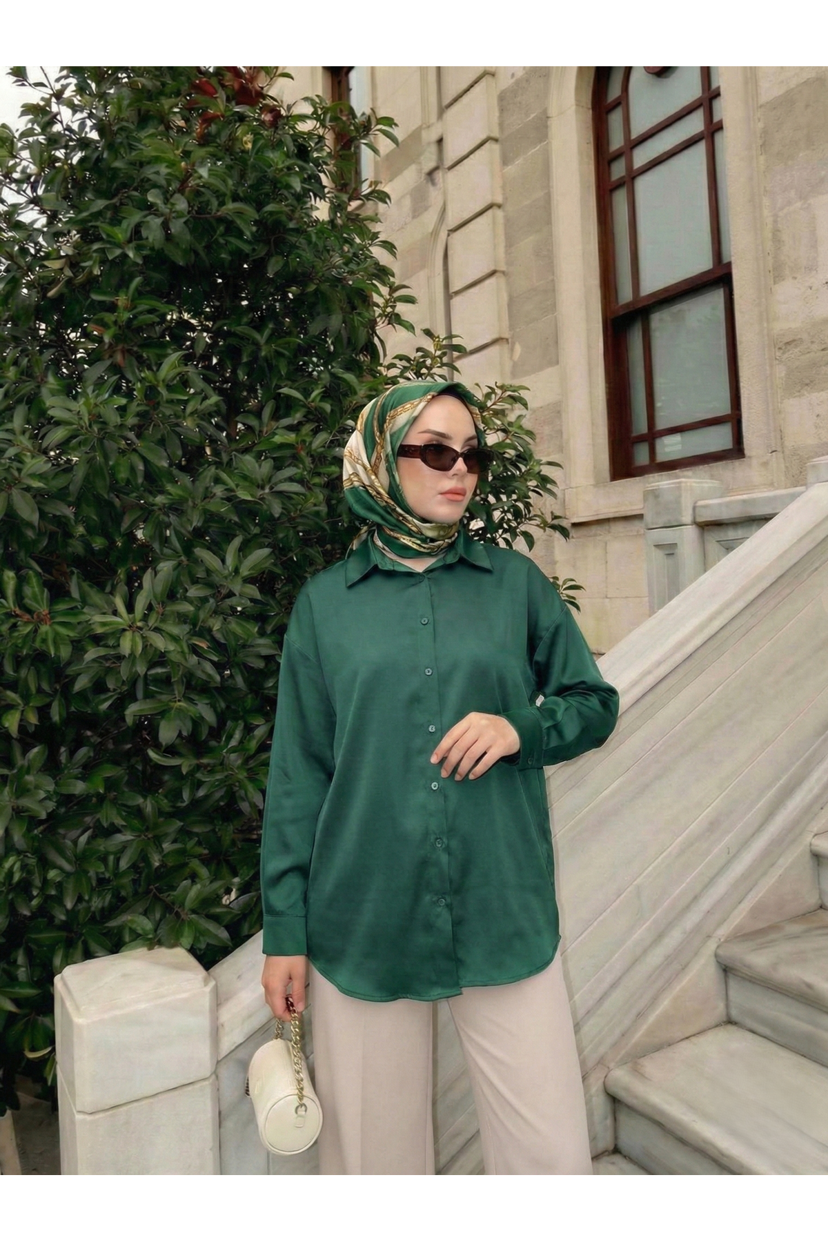 TUN05950-ZMR Saten Tunik-Zümrüt Yeşili