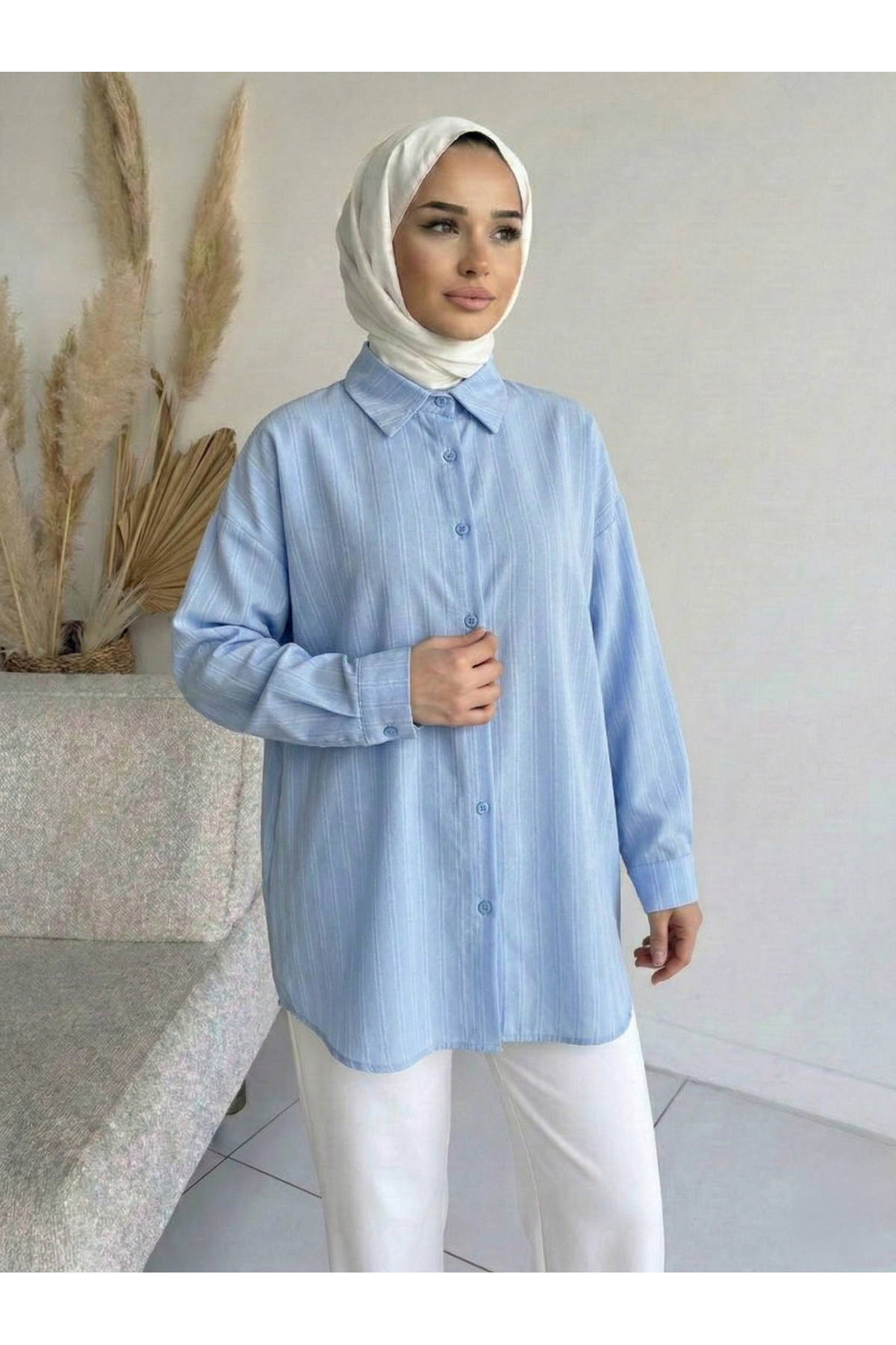 TUN05952-MAV Kendinden Çizgili Tunik-Mavi