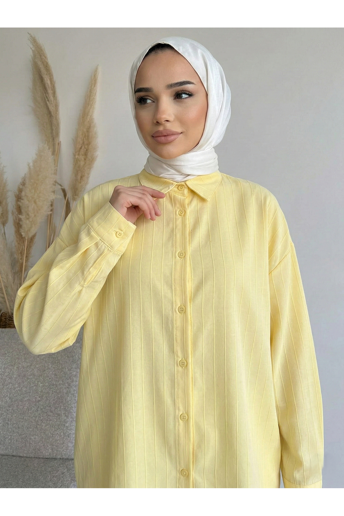 TUN05952-SRI Kendinden Çizgili Tunik-Sarı