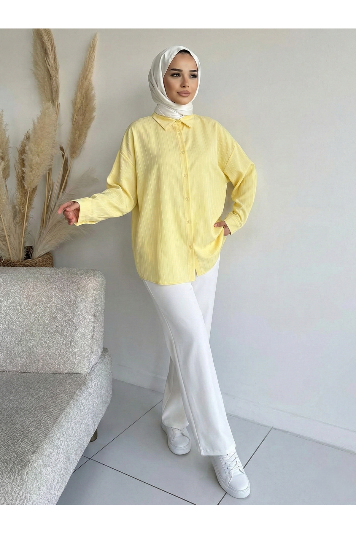 TUN05952-SRI Kendinden Çizgili Tunik-Sarı