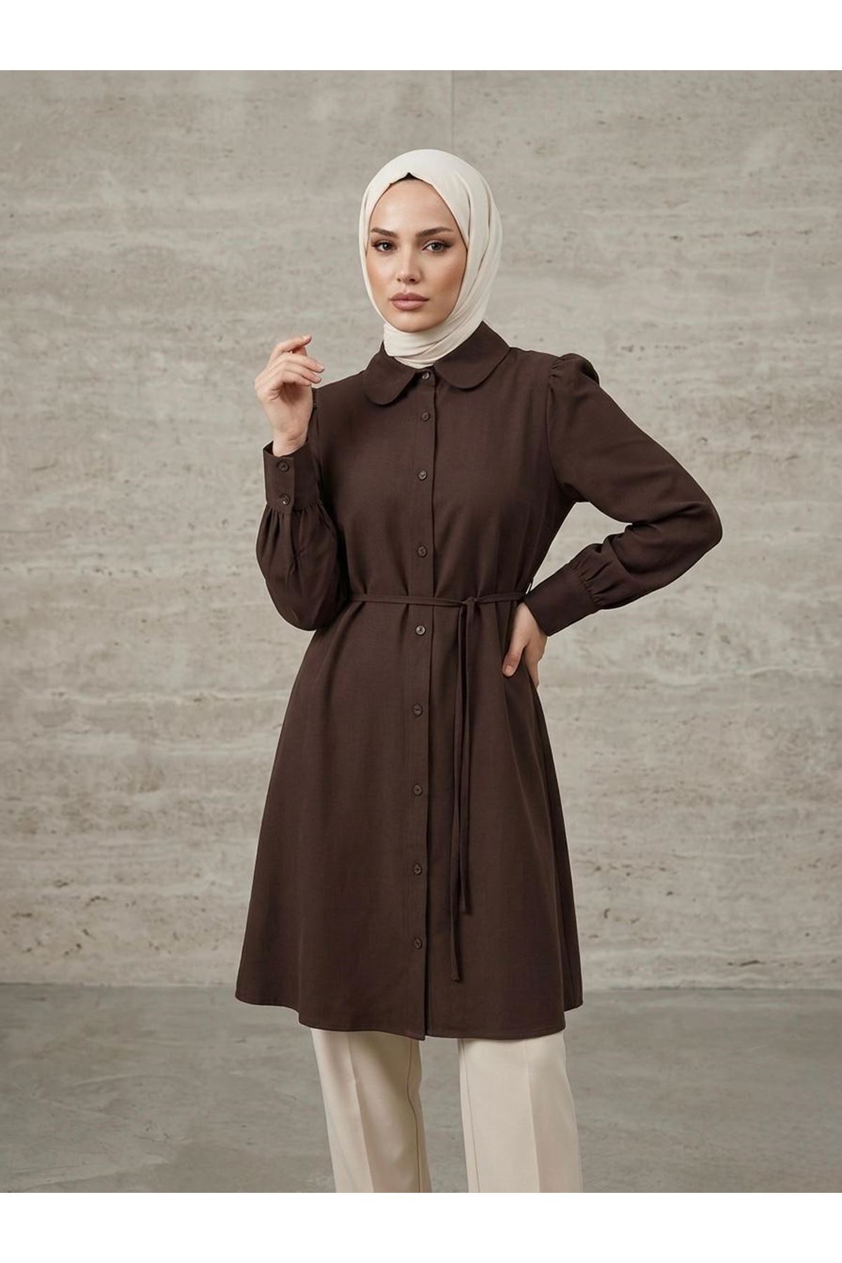 TUN05956-KHV Bebe Yaka Omuz Kol Büzgülü Tunik-Kahve