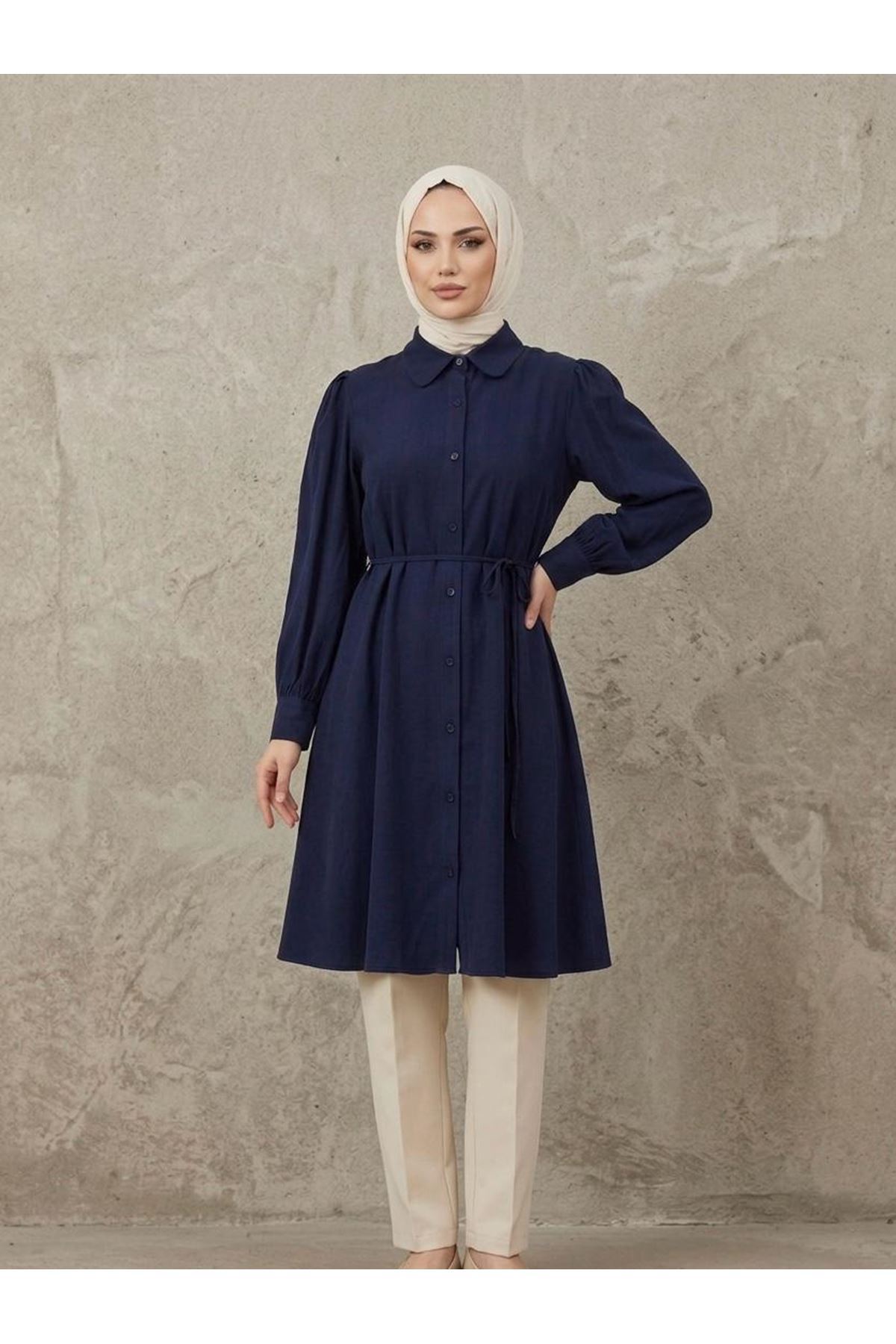 TUN05956-LCV Bebe Yaka Omuz Kol Büzgülü Tunik-Lacivert