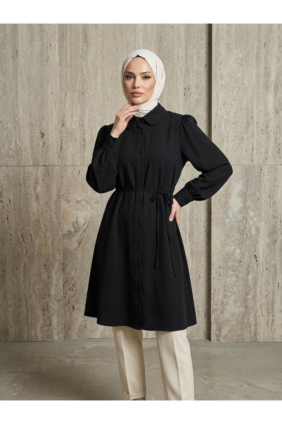 TUN05956-SYH Bebe Yaka Omuz Kol Büzgülü Tunik-Siyah